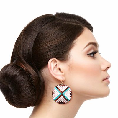 Brown Mosaic Leather Round Earrings-thumnail