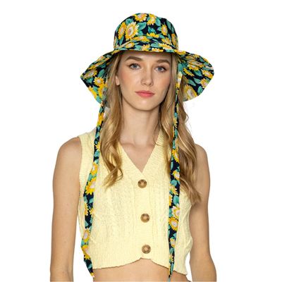 Navy Sunflower Chin Tie Bucket Hat-thumnail
