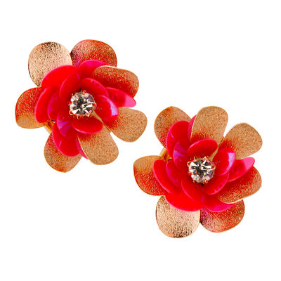 Pink Sequin and Gold Flower Earring with Rhinestone Center-thumnail
