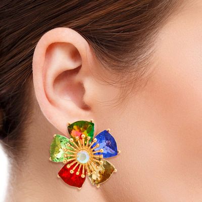 Multi Color Crystal Flower Clip Ons-thumnail