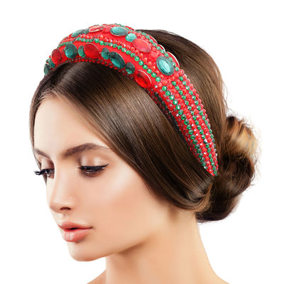 Designer Green Red Crystal Padded Headband-thumnail