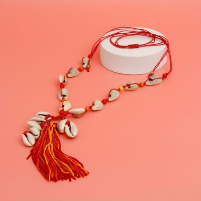Red String and Cowrie Shell Long Tassel Necklace-thumnail