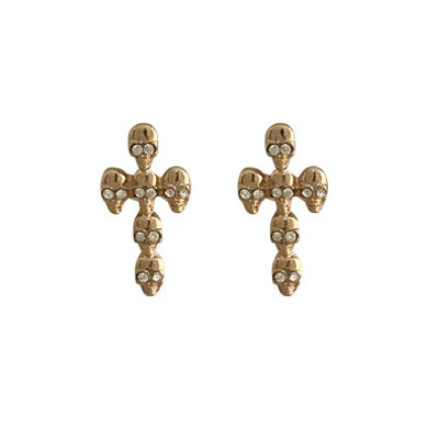 Gold Rhinestone Skull Cross Earrings-thumnail