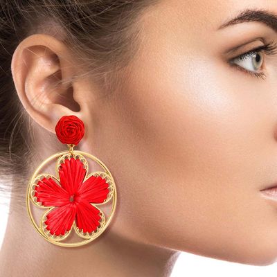 Red Raffia Flower Round Earrings-thumnail