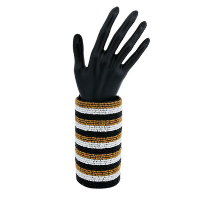 Black, White, and Gold Bead Striped Embroidered Arm Cuff Bracelet-thumnail
