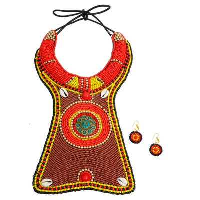 Brown Yellow and Red Bead Collar Long Bib Necklace Set with Cowrie Shell Detail-thumnail