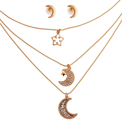 Gold 3 Layer Chain Moon Necklace-thumnail