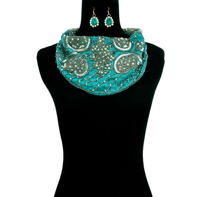 Handmade Teal Satin Scarf Necklace Set with Embroidered Sequins Beads and Pearls-thumnail