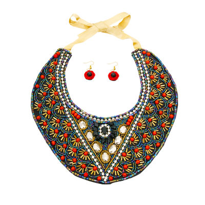 Multi Color Bead Bib Necklace Set with Rhinestone Detail-thumnail