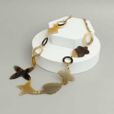 Multi Shape Buffalo Horn and Gold Chain Necklace-thumnail