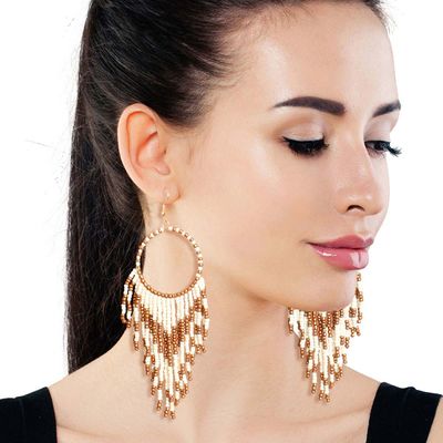 Cream and Gold Bead Fringe Circle Earrings-thumnail