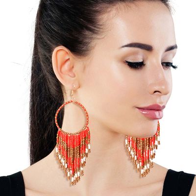 Red and Gold Bead Fringe Circle Earrings-thumnail