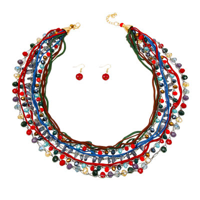 Multi Color Glass and Stone Bead with Cord Multi Strand Layered Necklace Set-1