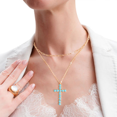 Gold Turquoise Stone Cross 2pc Necklace-thumnail
