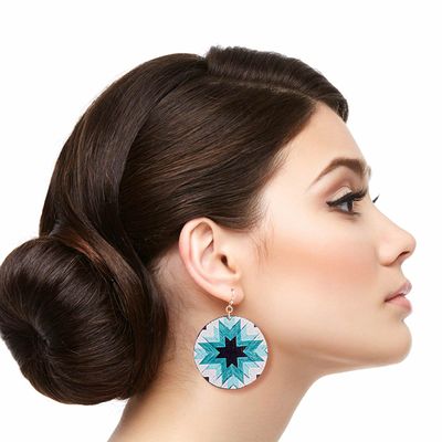 Turquoise Sunburst Leather Round Earrings-thumnail