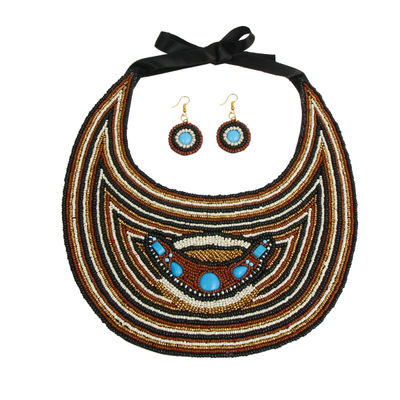 Brown, Black, and Cream Beaded Bib Necklace Set Featuring Light Blue Detail-thumnail