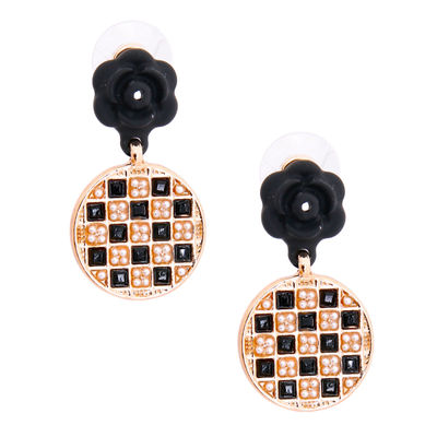 Black Flower Checkerboard Earrings-thumnail