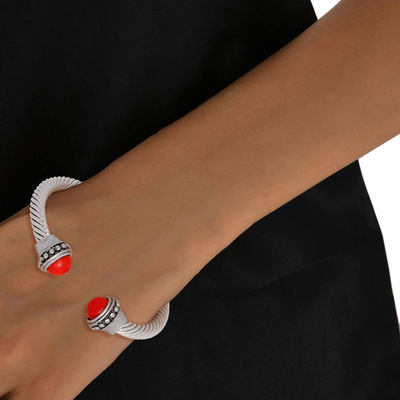 Red Bead Silver Stud Cable Bangle