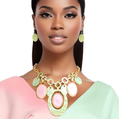 AKA Necklace Pink Green Oval Swirl Set for Women