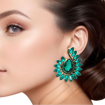 Clip On Green Hook Crystal Earrings for Women