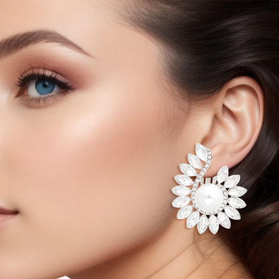 Clip On Medium Silver Hook Pearl Earring for Women