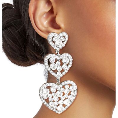 Silver Crystal Triple Heart Earrings