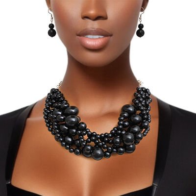 Pearl Necklace Black 5 Twisted Set for Women