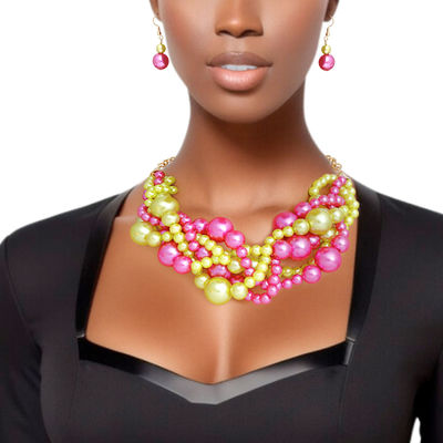 Pearl Necklace Pink Lime 5 Twisted Set for Women