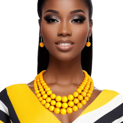 Bead Necklace Yellow 3 Layer Set for Women