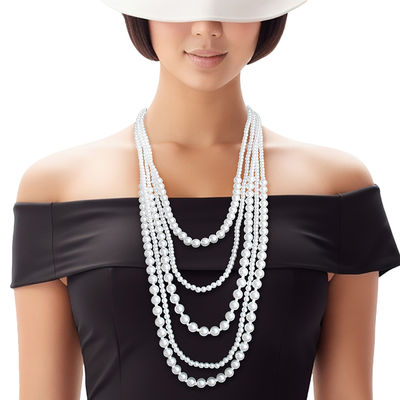 Pearl Necklace White 5 Strand Long Set for Women