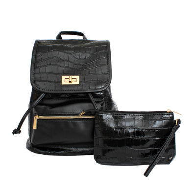 Backpack Black Croc Flap Bag Set for Women