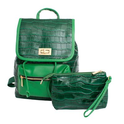 Backpack Green Croc Flap Bag Set for Women