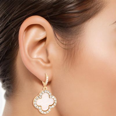 Hoop White Clover Gold Huggie Earrings for Women