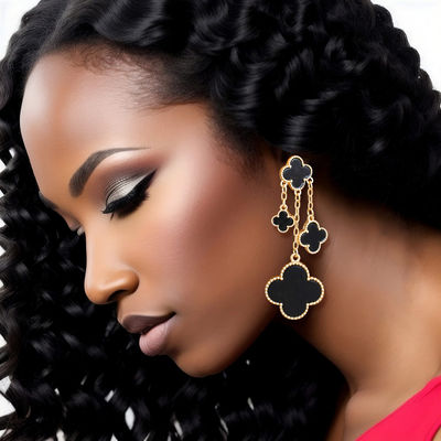 Dangle Black Clover Gold Chain Earrings for Women