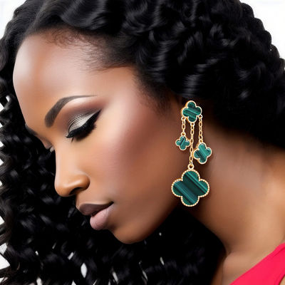 Dangle Green Clover Gold Chain Earrings for Women