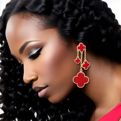 Dangle Red Clover Gold Chain Earrings for Women