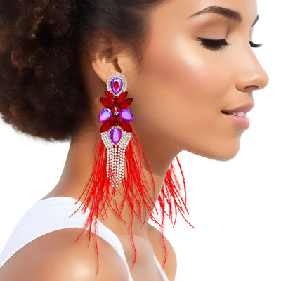 Tassel Red Feather Glass Earrings for Women