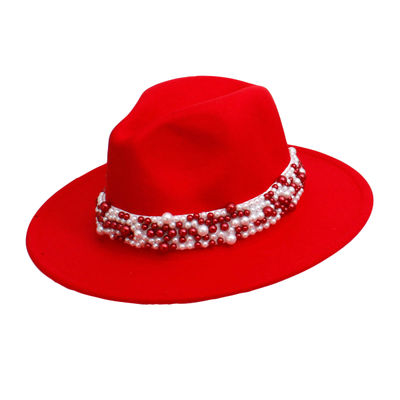 DST Sorority Red Fedora Pearl Band Hat for Women