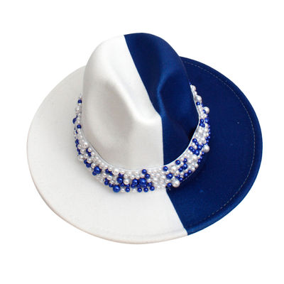 ZPB Sorority Blue White Fedora Pearl Hat for Women