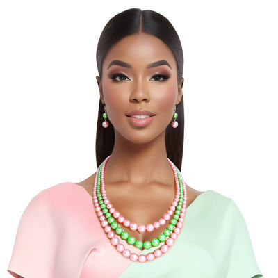 Pearl Necklace Pink Green 3 Strand for Women
