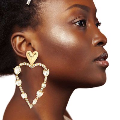 Gold Skinny Heart Stone Earrings-thumnail