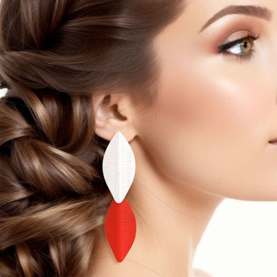 Drop Red Silver Leaf Medium Earrings for Women