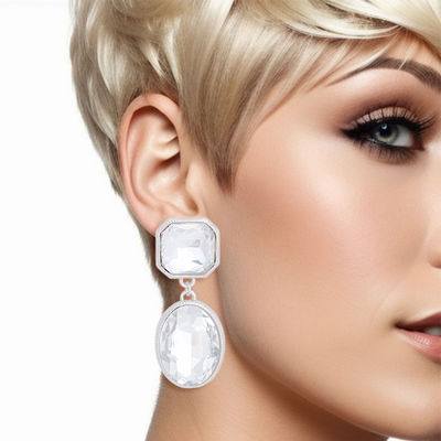Clip On Silver Medium Crystal Earrings for Women
