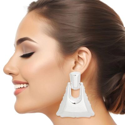 Clip On Medium Silver Triangle Earrings for Women