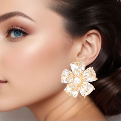 Clip On Gold Medium Crystal Flower Earrings Women
