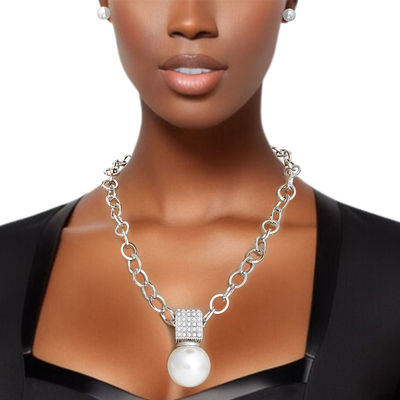 Chain Necklace Silver Pearl Pendant Set for Women