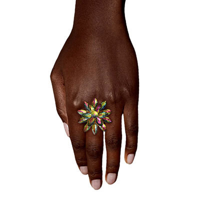 Pink Green Stacked Marquise Flower Ring-thumnail
