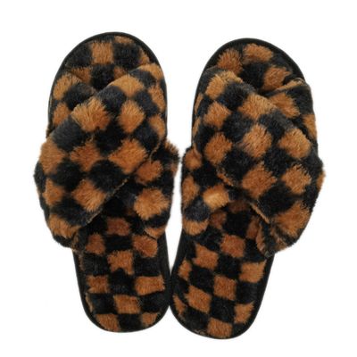 Medium Brown Checkered Fur Slippers-thumnail