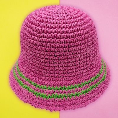 Bucket Hat Pink Green Stripe Straw for Women