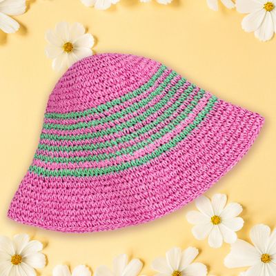 Bucket Hat Pink Green Multi Stripe Straw for Women